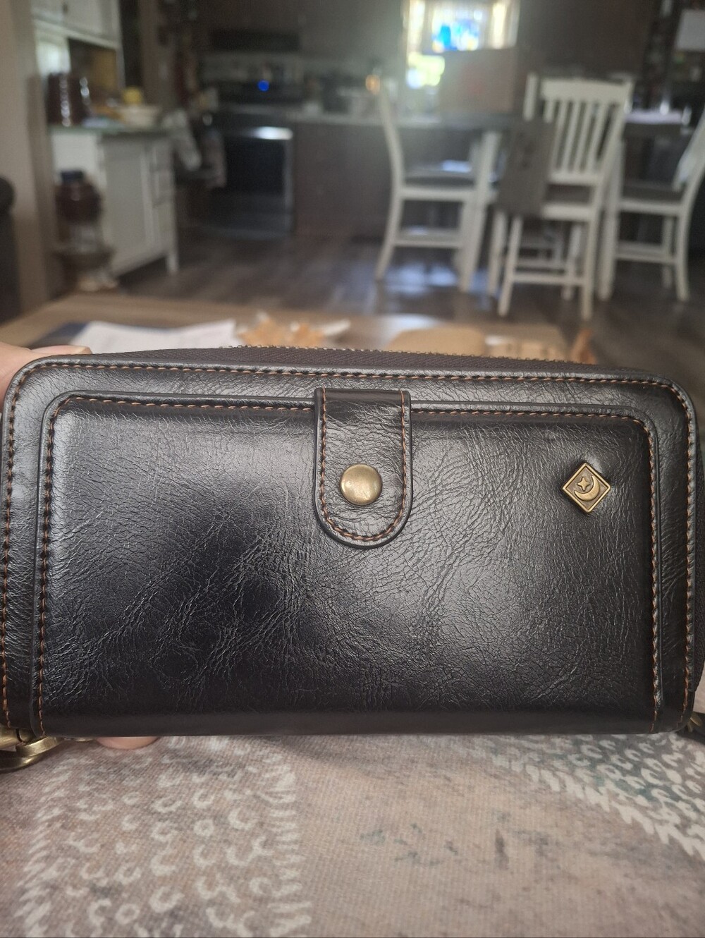 POLA Leather Zip-Around Wallet with Brass Accent